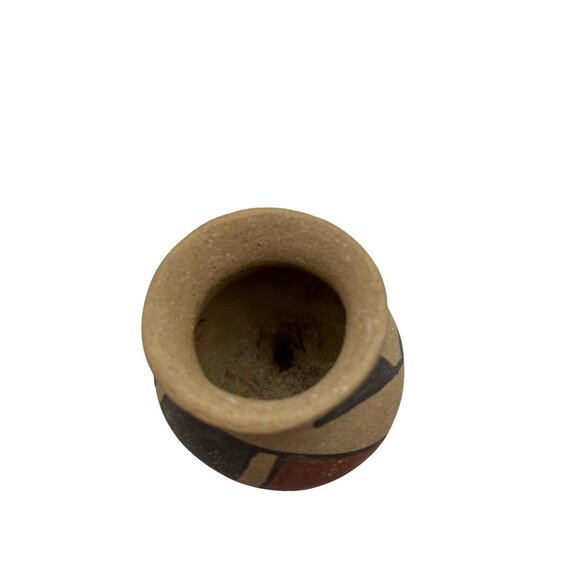 Vintage Handmade Miniature Clay Pot Geometric Painted Design Rounded Bottom - Picture 4 of 8